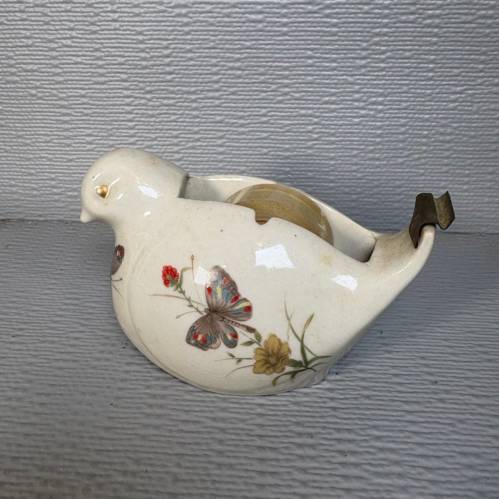 Vintage Takahashi Japan Ceramic Bird Tape Dispenser Butterfly Floral White